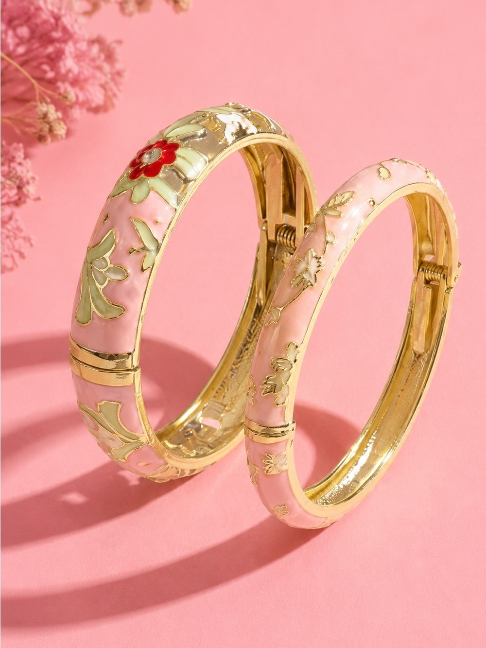 Pink Floral Enamel Bangle Bracelet Set